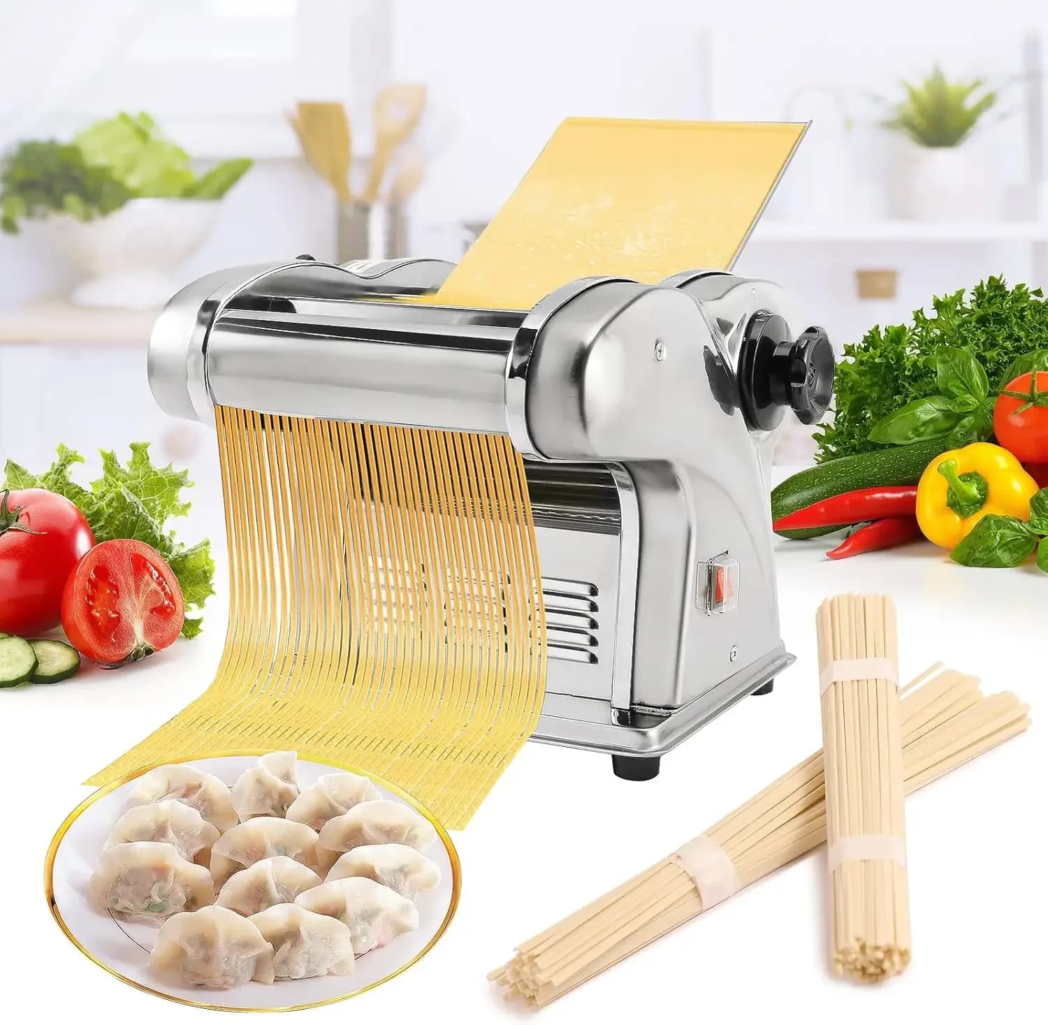 Macchina Elettrica per Fare la Pasta 3 IN 1, Rullo per Impasto, Pressa per Spaghetti, in Acciaio Inox 135W per Uso Domestico e Familiare