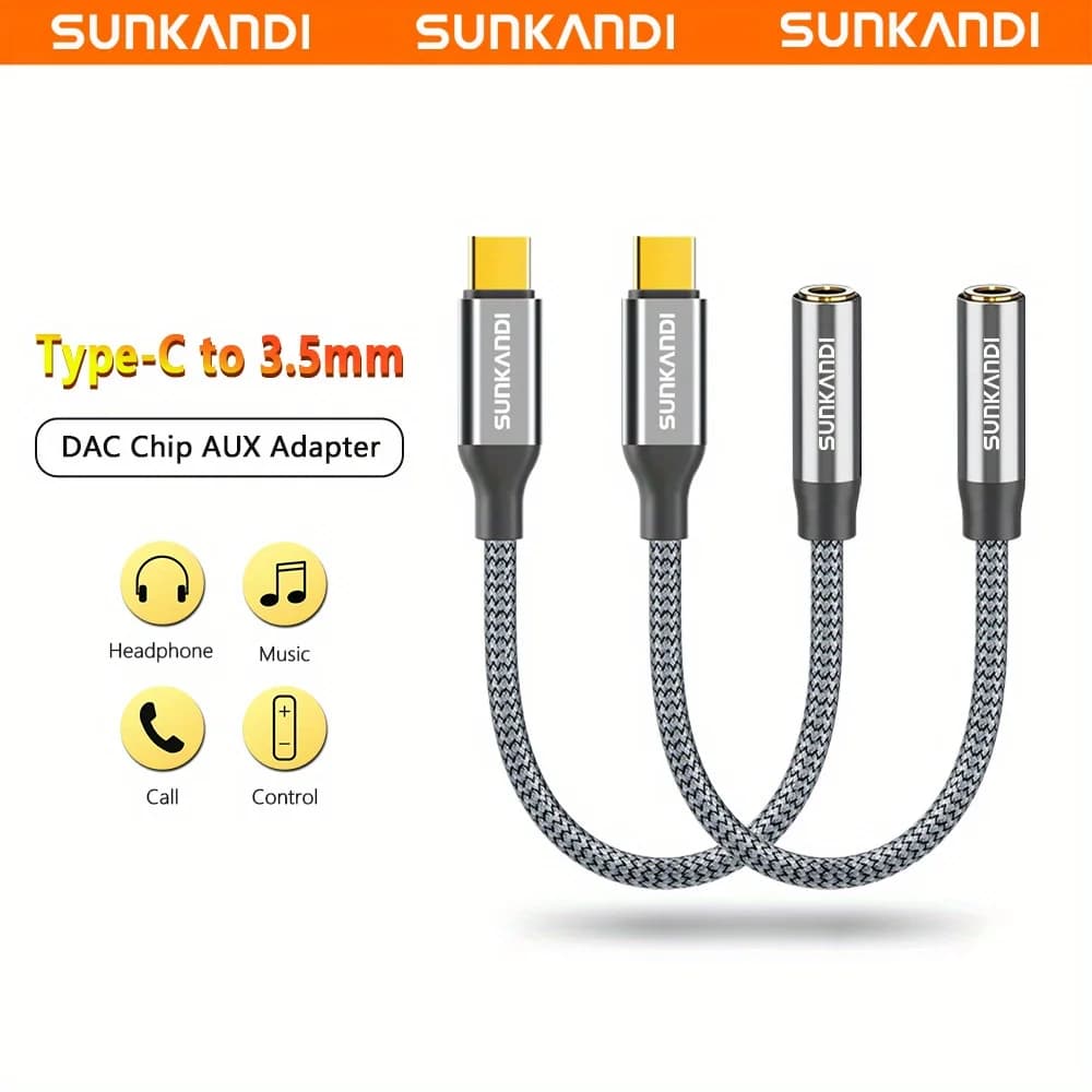 SUNKANDI Adattatore audio per cuffie da USB C a 3,5 mm (2 pezzi), cavo DAC da tipo C a jack Aux da 3,5 mm per iPhone 16 15 iPad, Galaxy S24