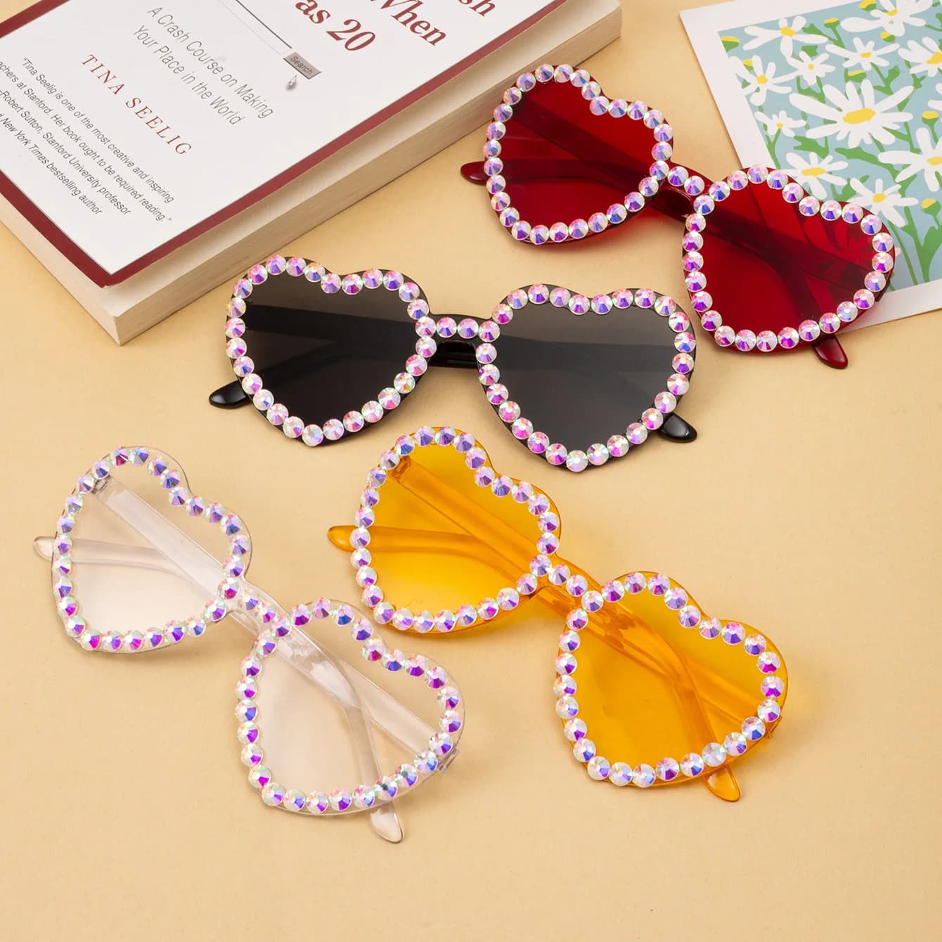 Occhiali da Sole Y2K a Forma di Cuore Senza Montatura con Decorazioni in Strass per Matrimoni, Feste e Balli per Donne e Ragazze