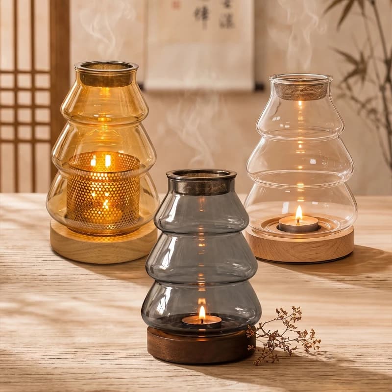 Christmas Tree Glass Wax Melt Burner, Wooden Base Adjustable Aroma Diffuser, Bedroom Bedside Ambient Light Aromatherapy Lamp
