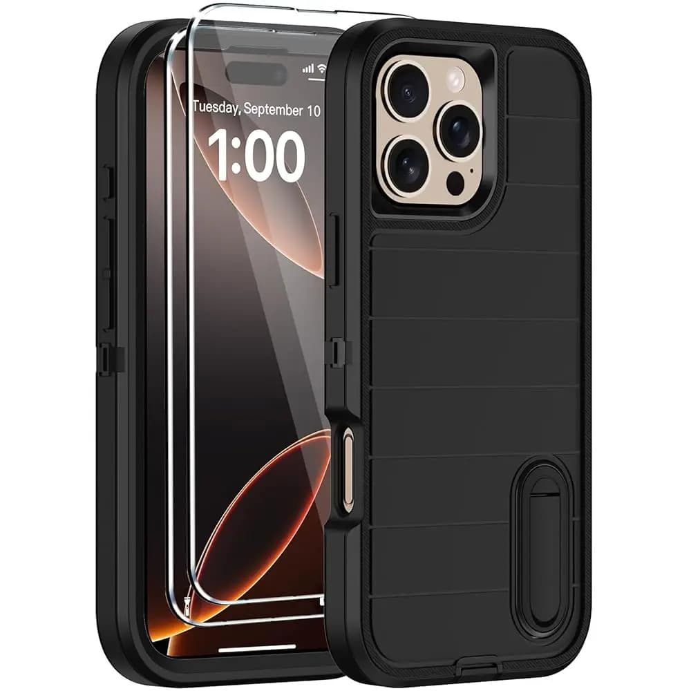 Custodia per iPhone 16 Pro con protezione per lo schermo, supporto invisibile integrato, protezione antiurto resistente agli urti di livello militare