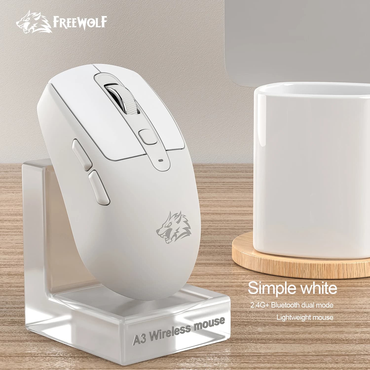 FREEWOLF A3 Mouse Wireless Silenzioso Bluetooth Dual Mode, Rivestimento in ABS, 4000DPI, 5 Livelli DPI, Ricarica Type-C, Ergonomico per Gaming e Ufficio