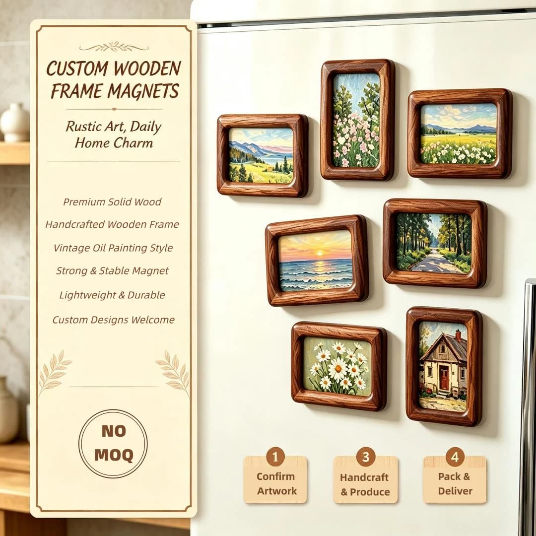 Custom Personalized Scenery Fridge Magnet Eco-Friendly Handmade Retro Style Wooden Photo Frame With Wood Blank Fridge Magnets