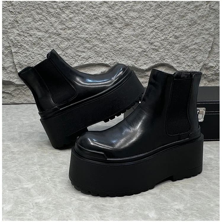 2025 Stivali da uomo con suola ultra spessa e altezza corta, con plateau slip-on Chelsea, leggeri, con suola spessa e altezza crescente