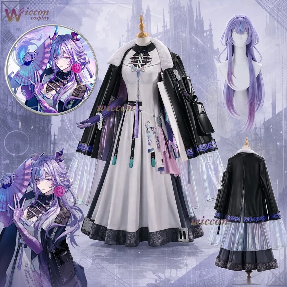 Costume Cosplay di Jun da Arknights, Abito con Mantello, Uniforme con Parrucca e Distintivo per Halloween, Carnevale, Feste e Natale