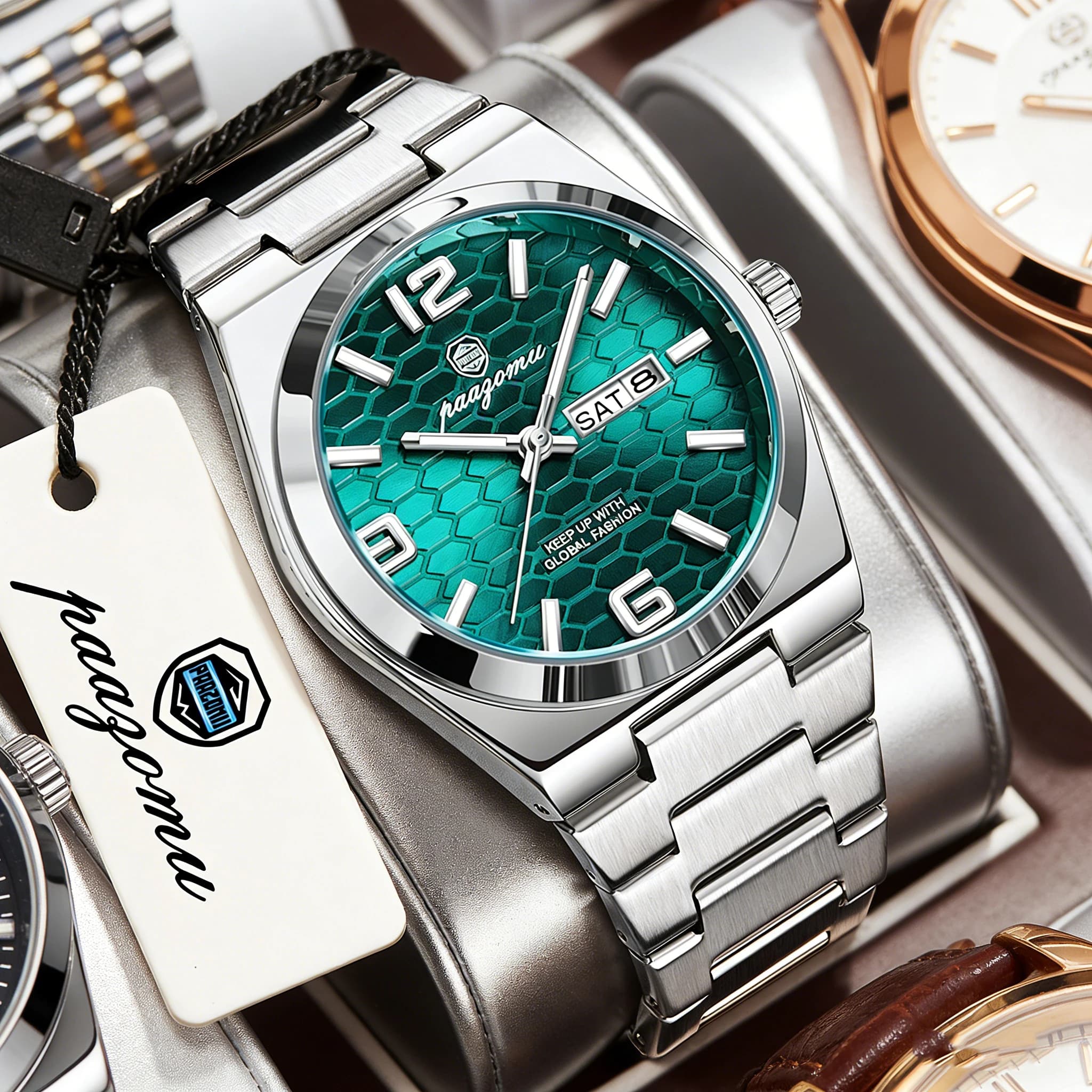 PAAZOMU Luxury men's watch with date and week, bright stainless steel waterproof watch for men, quartz casual men's watches, male sports + box