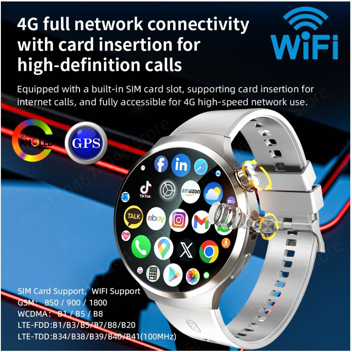Smart watches 4G/5G mobile smart watch with 1.98 inch screen 210 ° Android rotating camera 13.0 Dual GPS system 1900mAH Battery