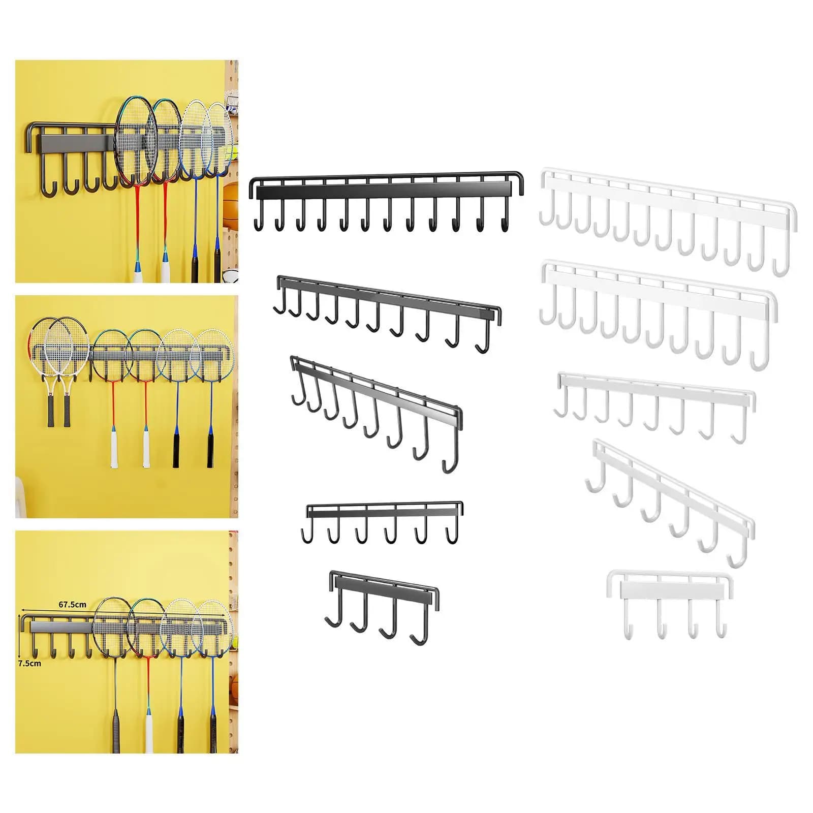 Racket holder for wall mounting for tennis and badminton. A