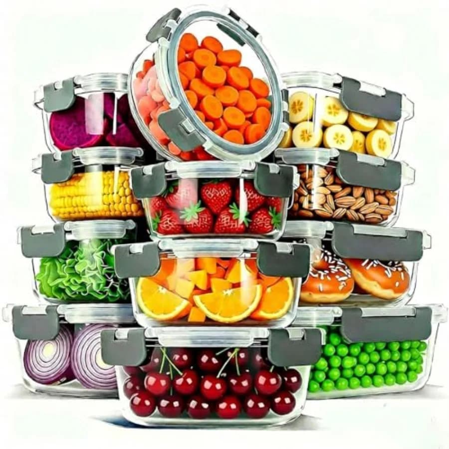 Set di 12 Contenitori in Vetro per Alimenti con Coperchi, Non Tossici, Impilabili, in Vetro Borosilicato, per Preparazione Pasti, Adatti a Microonde e Forno