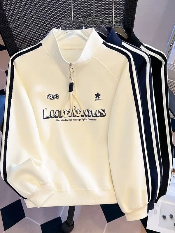 Felpa a Righe Americana da Donna, Primaverile e Autunnale, Casual e Comoda, con Collo Semi-Alto e Cerniera, Manica Lunga, Giacca Sportiva