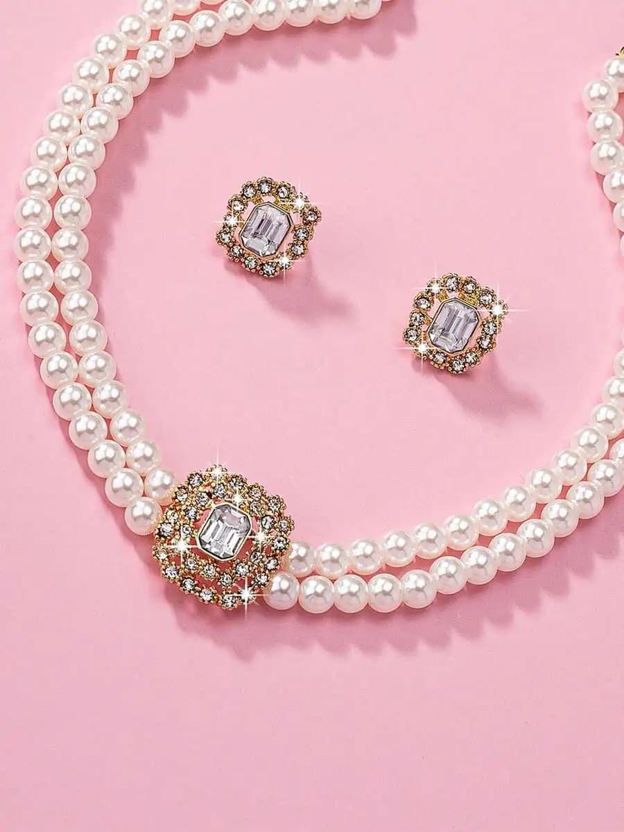 Faux Pearl Geometric Square Rhinestone Necklace And Earrings Set For Women