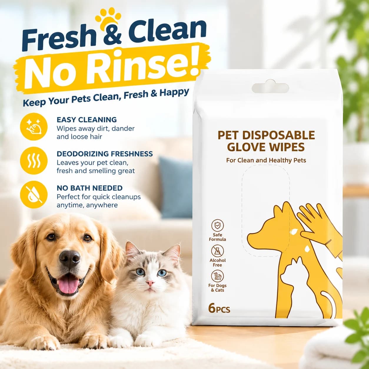 No-Rinse Pet Cleaning Gloves with Deodorizing Wet Wipes for Cats and Dogs, Disposable Fur Grooming Tool, Bath-Free Dry Shampoo