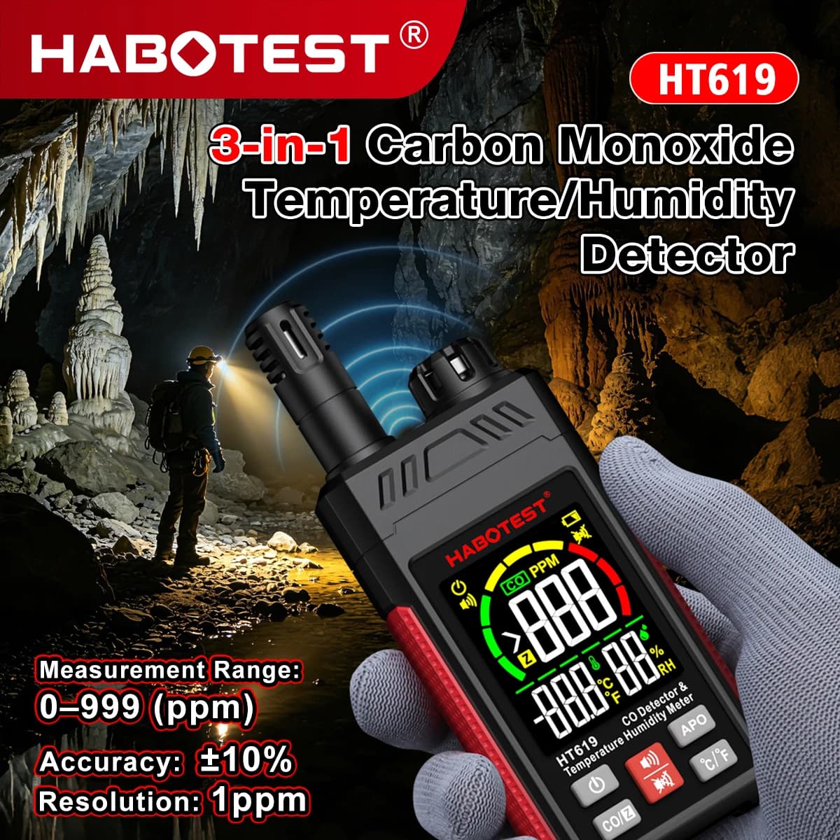 HABOTEST HT619 3-in-1 CO Detector Carbon Monoxide Meter Temp. Humidity Tester 0-1000PPM Audible Visual Alarm Gas Leak Detector