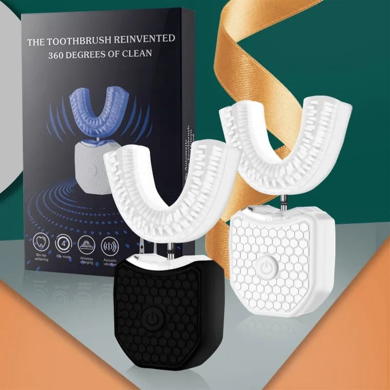 Spazzolino elettrico ad ultrasuoni a forma di U a 360 gradi per la pulizia, con ricarica USB e setole in nylon, set per lo sbiancamento dei denti