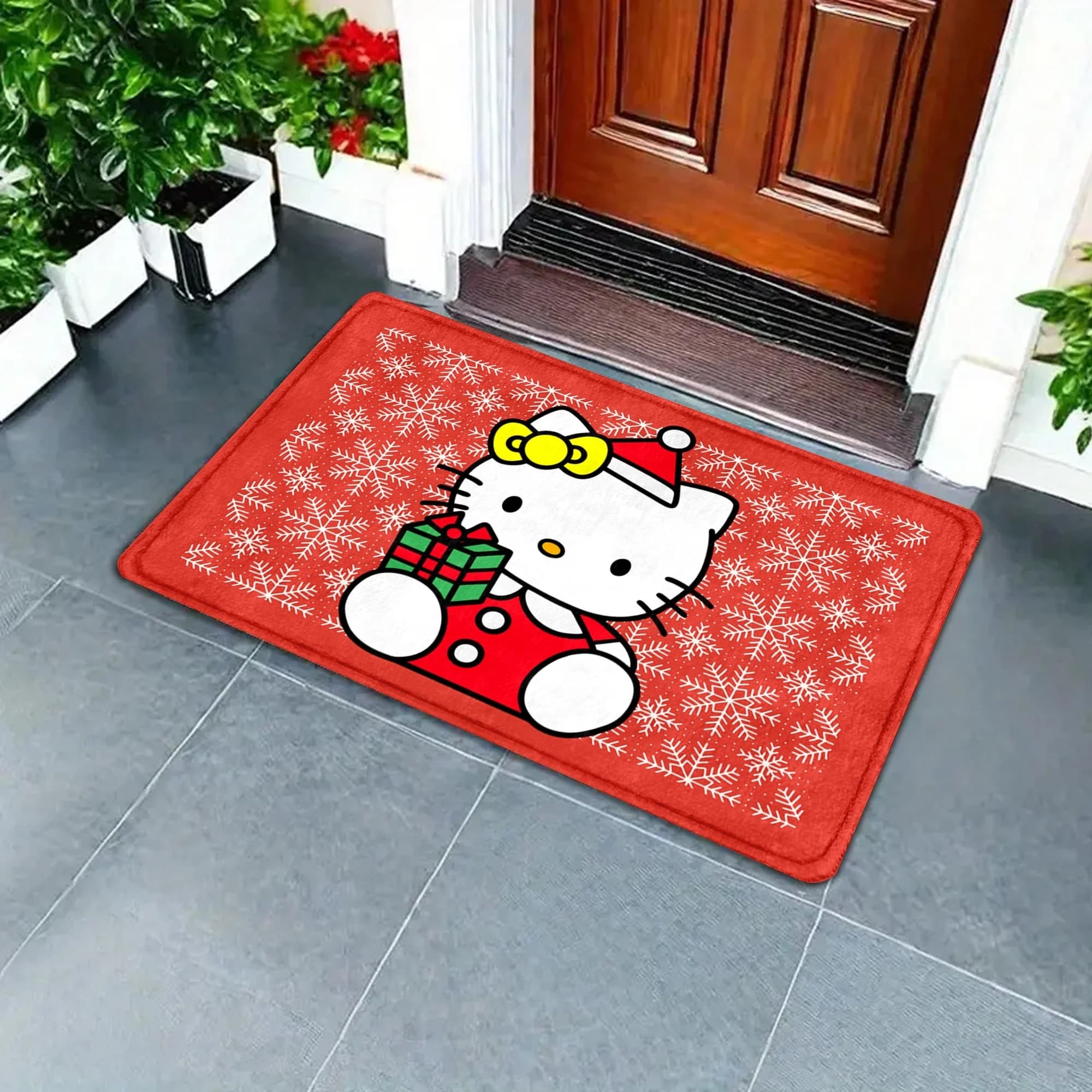 1 pz Tappeto Natalizio Sanrio per Hello Kitty - 40x60/50x80cm in Poliestere, Antiscivolo e Lavabile, Decorazione Invernale per Ingresso