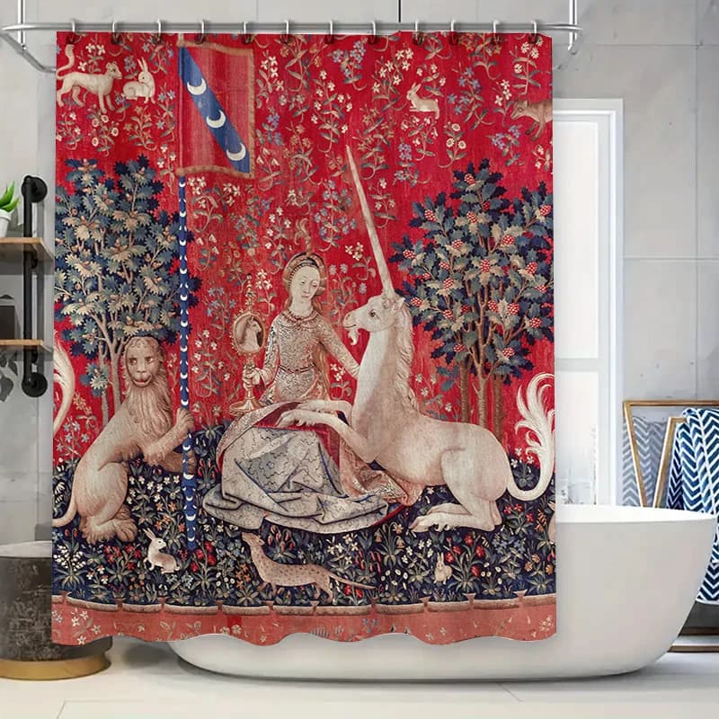 Tenda floreale rossa con design arazzo medievale per l'arredamento del bagno – Tappeto da bagno con unicorno di lusso, tenda da doccia, impermeabile, per la casa