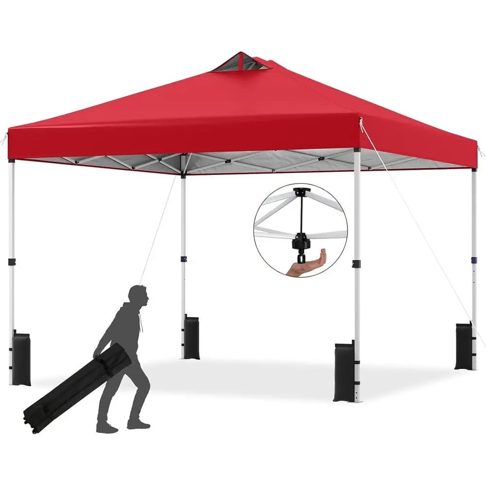 Tenda Istantanea da Esterno 10x10 con Borsa con Ruote, Sacchi di Sabbia, Pali in Acciaio, Picchetti e Corde per Campeggio e Picnic (Rossa)