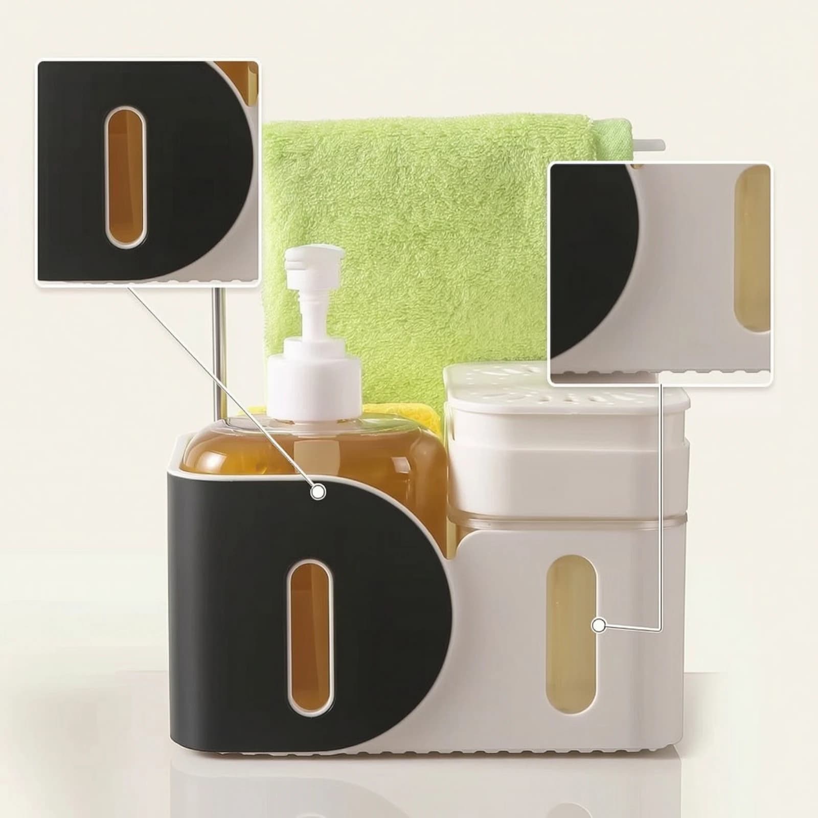 Sink Organizer with Pump Countertop Soap Dispenser with Towel Bar Two-Tone for Bathroom, Kitchen