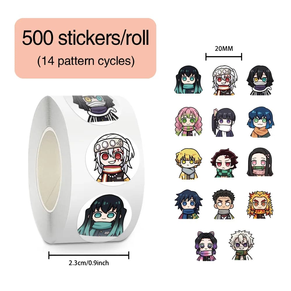 500 Stickers/Roll Demon Slayer Cartoon Anime Sealing Stickers, Kids Stationery Journal Reward Stickers
