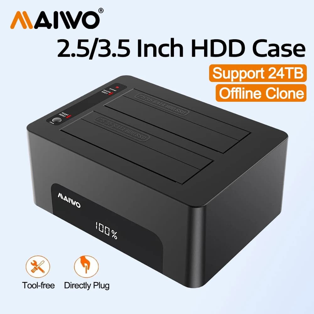 MAIWO Dual Bay 2.5 Custodia per HDD/SSD SATA da 3,5 pollici Docking per disco rigido esterno Custodia per HDD SATA da 24 TB a USB 3.0 con luce digitale