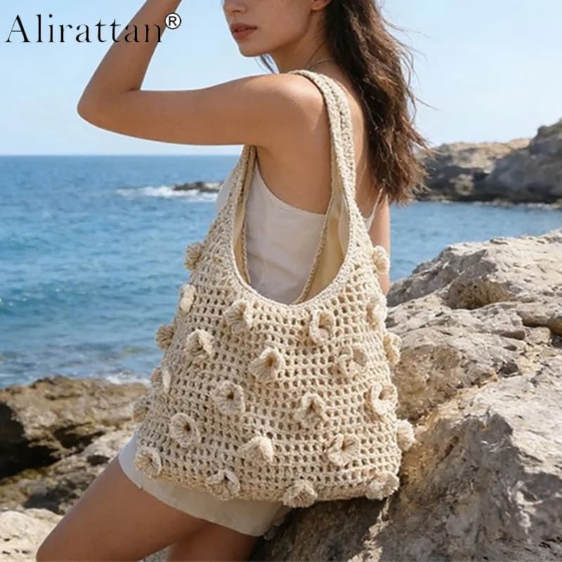 Alirattan Fashionable Flower Shoulder Cotton Woven Bag,New Style Vacation Beach Tote Bag Casual Large Capacity Weave Straw Bag