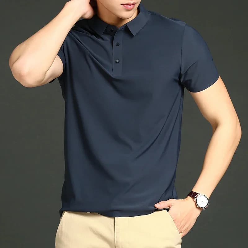 Men's Polo 2026 in solid ice silk, seamless, short sleeves, elastic, ironless, thin, with polo neck, light luxury