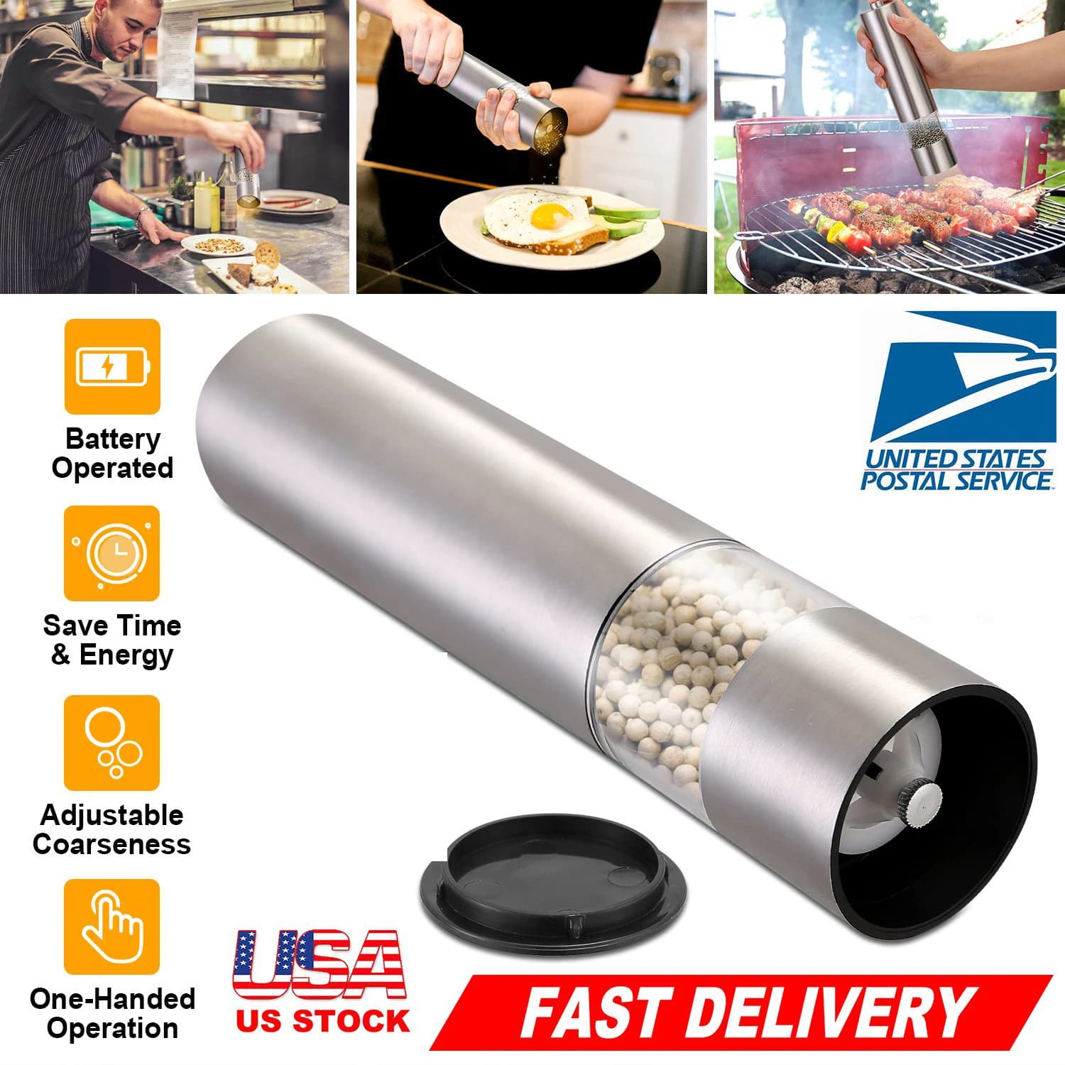 US Stock Electric Salt and Pepper Grinder Set Automatic Pepper Mill Battery Operated Stainless Steel Spice Shaker with LED Light Adjustable Coarseness Handheld Seasoning Tools Fast Shipping