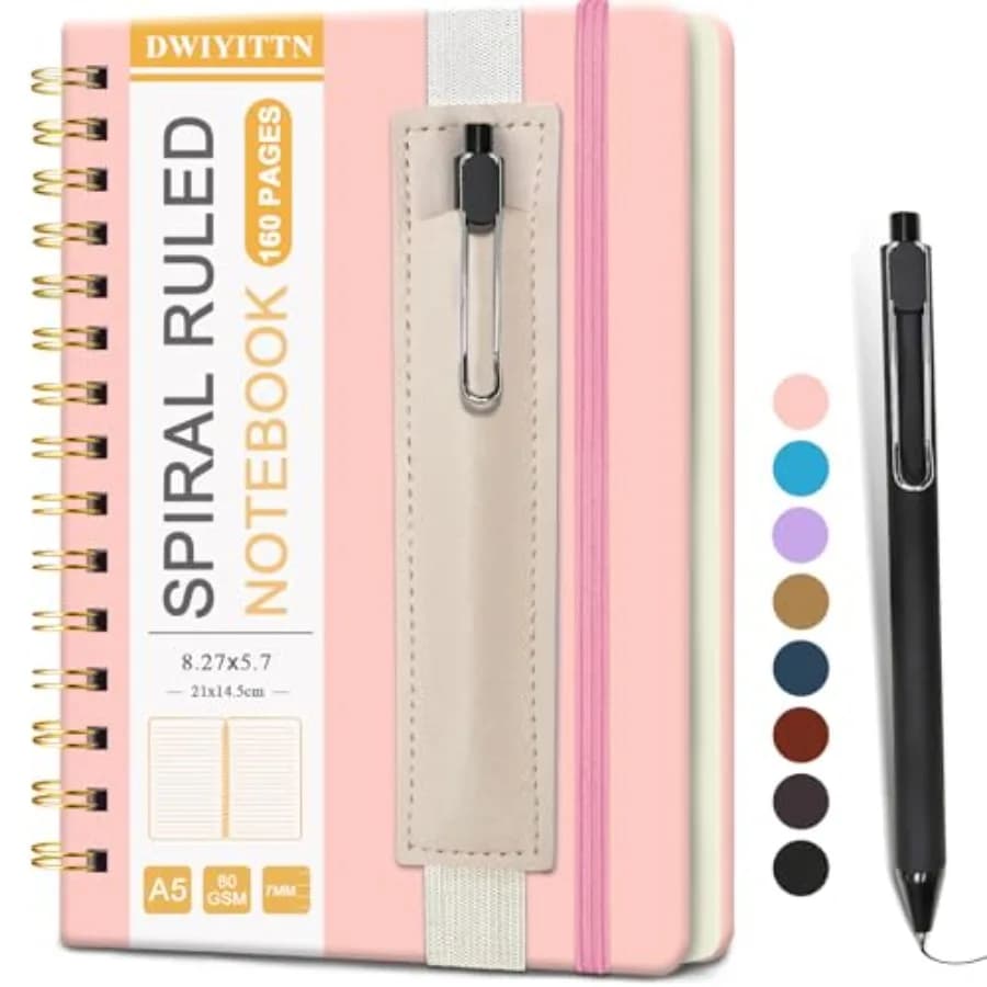A5 Spiral Notebook w/ Pen, 5.7x8.3" Lined 160Page Notebook w/ Removable Pen Holder Faux Leather Hardcover Spiral Bound Journal