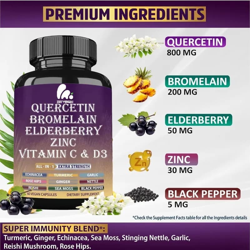 Quercetin, bromelina, sambuco, vitamina C, D3, e zinco - integratori per la salute immunitaria 60 capsule