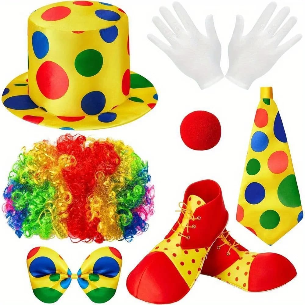 Il set di costumi da clown PESENAR da 7 pezzi include parrucca da clown arcobaleno cappello da clown fiocco da naso da clown scarpe da guanto bianche accessori da clown