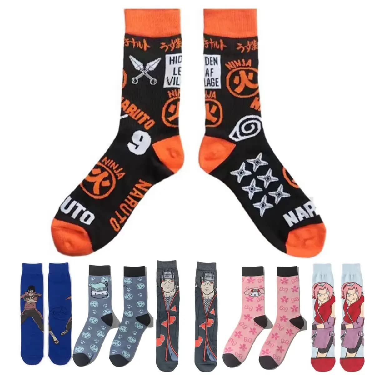 Nell'anime Naruto, calze al ginocchio con Naruto, Sasuke e l'Accattaski, con design unici e personalizzati, dallo stile trendy e alla moda.