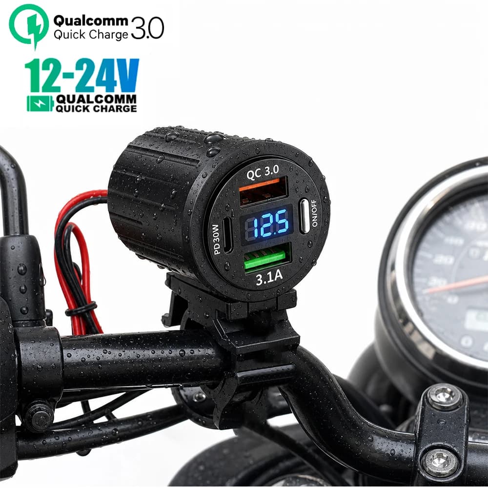 Motorcycle Handlebar USB Charger Socket PD+QC3.0 Fast Charging Adapter Waterproof For 12/24V Car Boat Motorcycle with Voltmeter