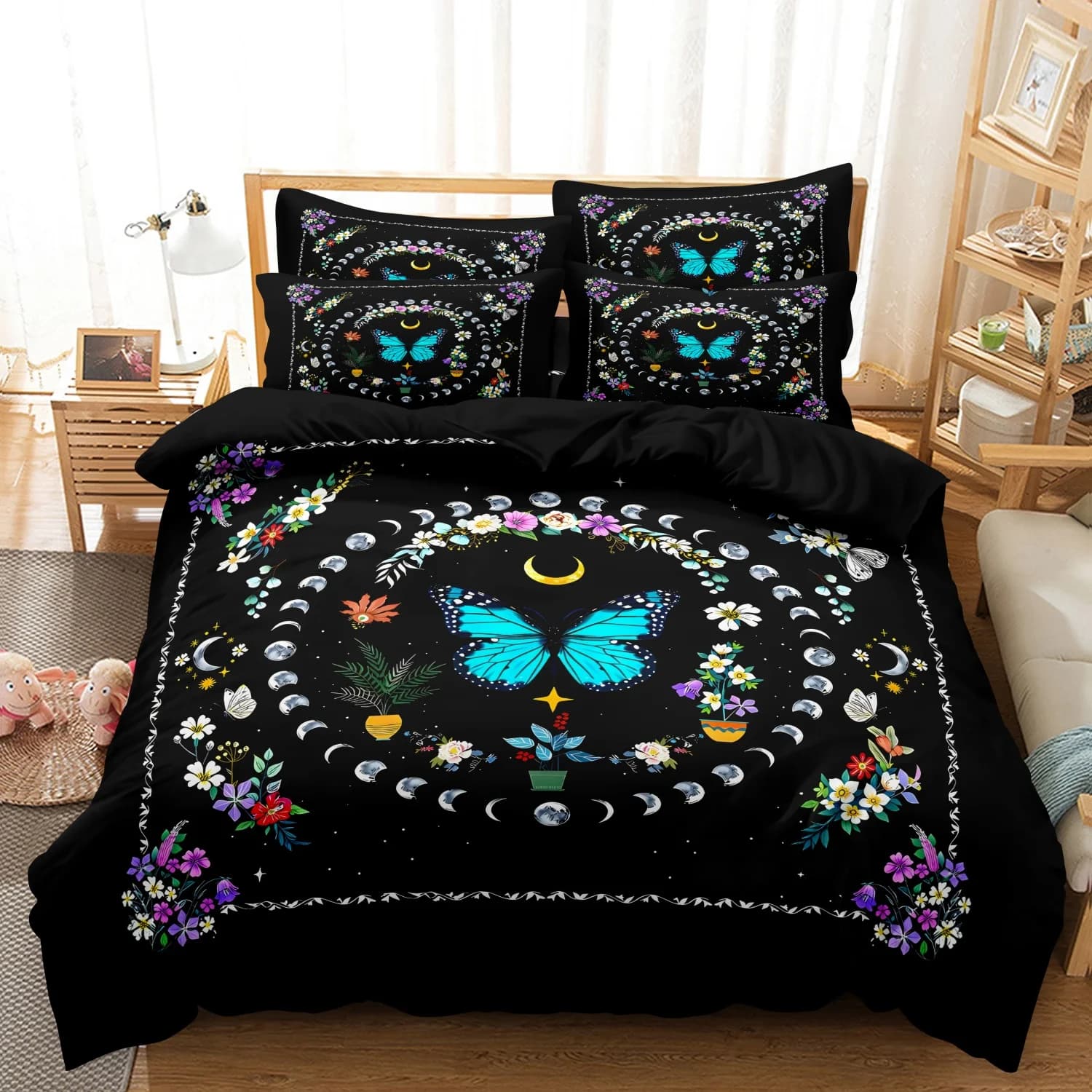 Set di biancheria da letto con 3 pezzi a tema fasi lunari, farfalle vivaci e fiori, per camera da letto, camera degli ospiti, dormitorio, include 1 copripiumino + 2 federe.