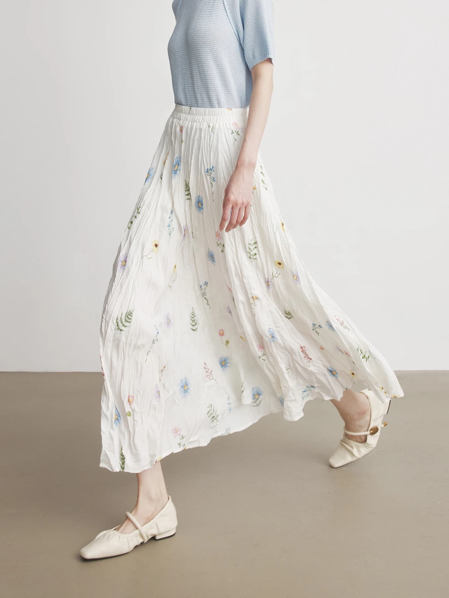 Gonna Estiva Sottile Plissettata Floreale Bianca Annata da Donna, a Vita Alta, Modello A-Line, per Pendolarismo, Casual, Viaggi e Uso Quotidiano