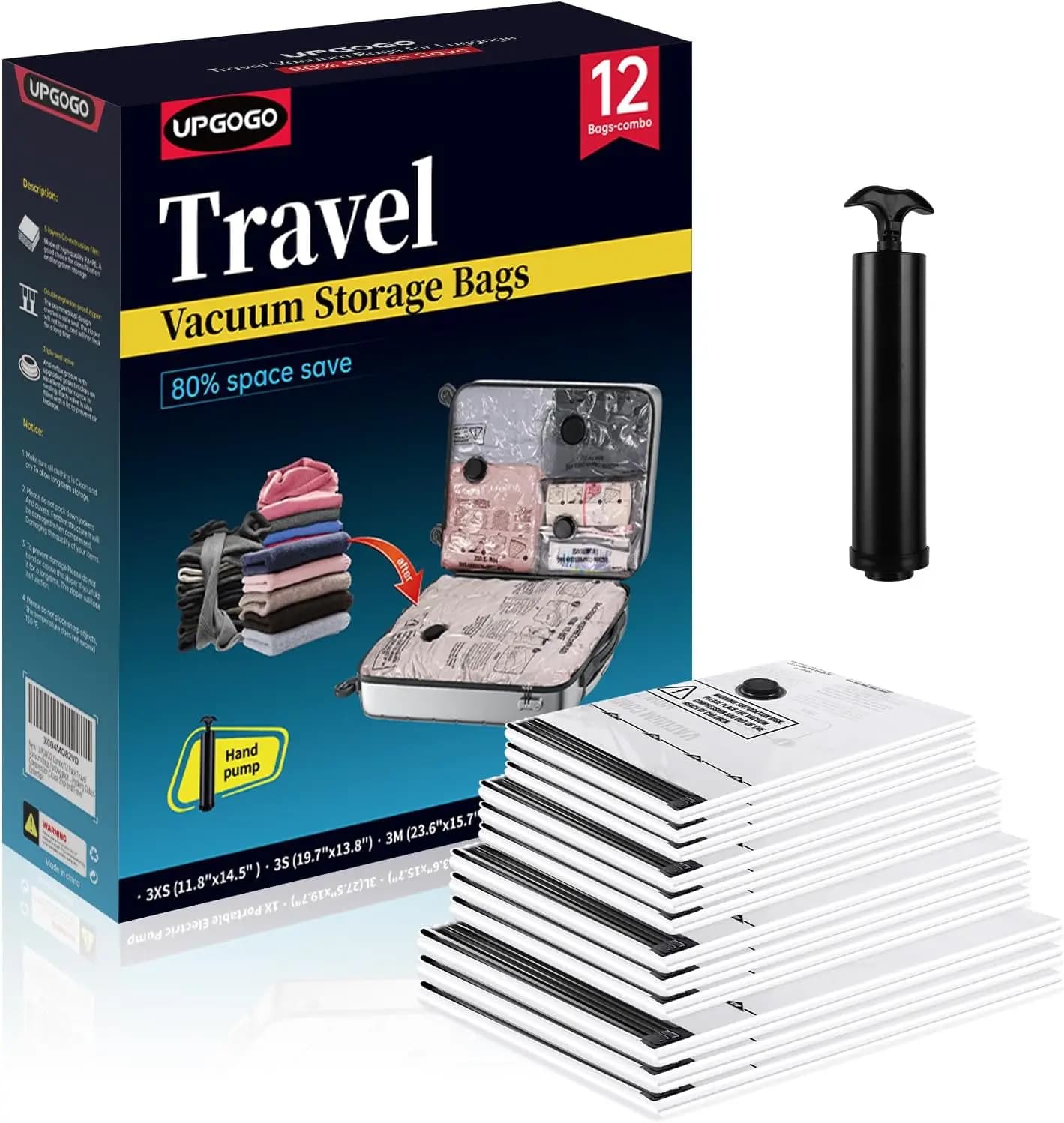 Travel Vacuum Bags for Luggage with Hand Pump, 12 Pack Compression for Clothes, Cruise Essentials