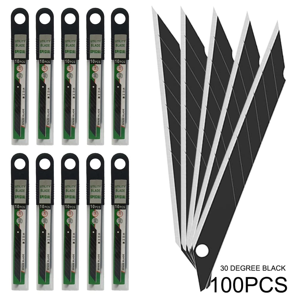 100Pcs Carbon Steel Replacement Black Blades 30/60 Degree Snap Off Knife Cutter Spare Blade Car Wrap Vinyl Film Cutting Tools