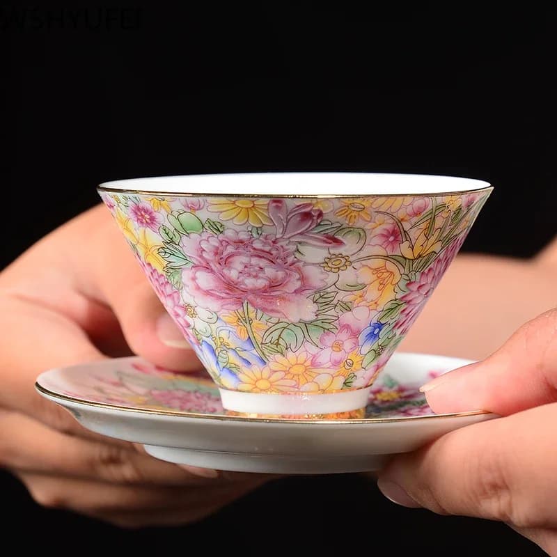 Jingdezhen Ceramics Porcelain Hand Painted Teacup Color Enamel Flowers Master Cup Single Puer Tea set coaster