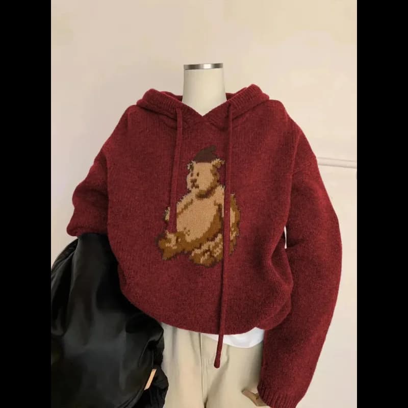 Red Raccoon Hooded Sweater Women's Winter New Retro Knitted Inner Bottoming Long Sleeve Top