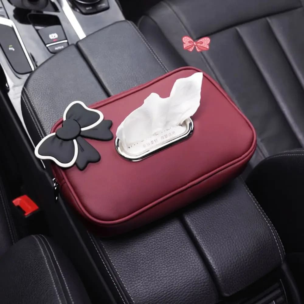Resistente scatola per fazzoletti per auto in pelle PU Bowknot con cinghia fissa Porta tovaglioli per auto Cerniera appesa Cassetto Schienale per seggiolino auto Organizer Bracciolo