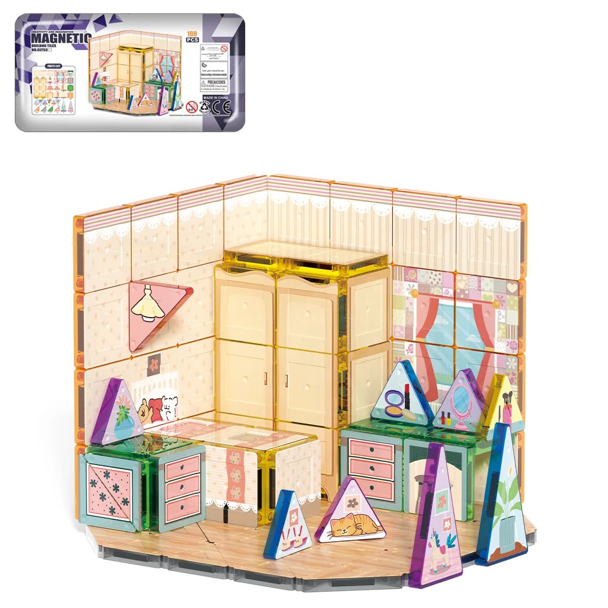 100Pcs Bedroom Magnetic Tiles Doll House Building Blocks Set, STEM Construction Toy For Girls Age 3+ With Metal Storage Iron Box
