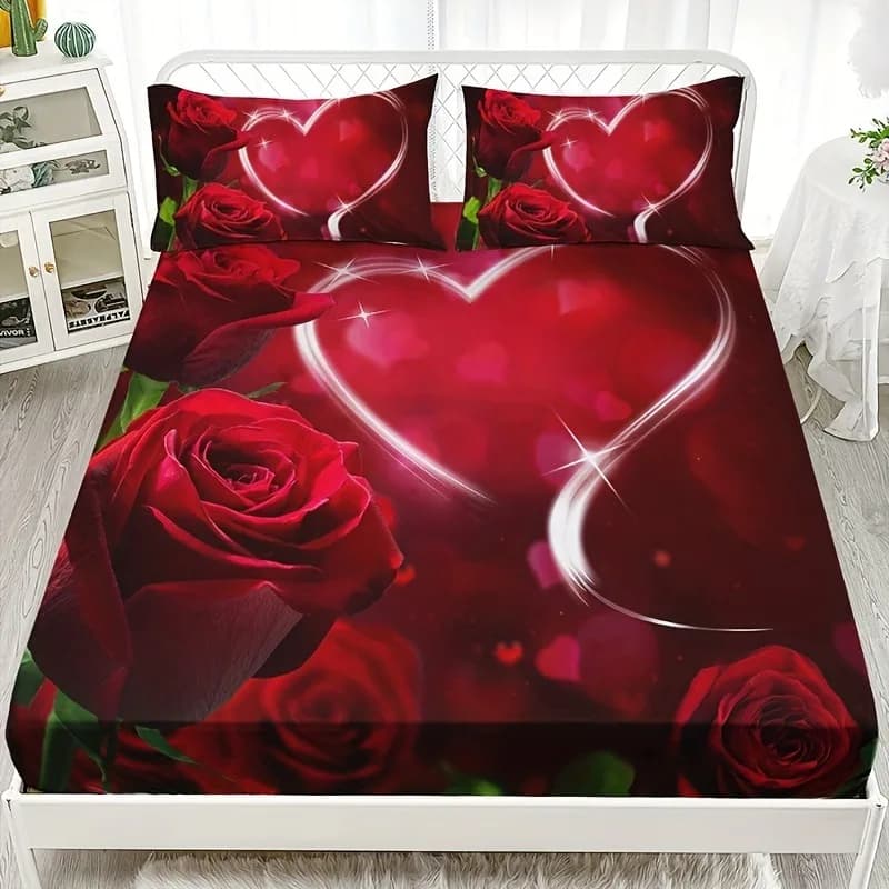Valentine Red Rose Heart Fitted Sheet Set Romantic 3D Print Bed Sheet with Pillowcases Soft Wedding Bedroom Decor Bedding