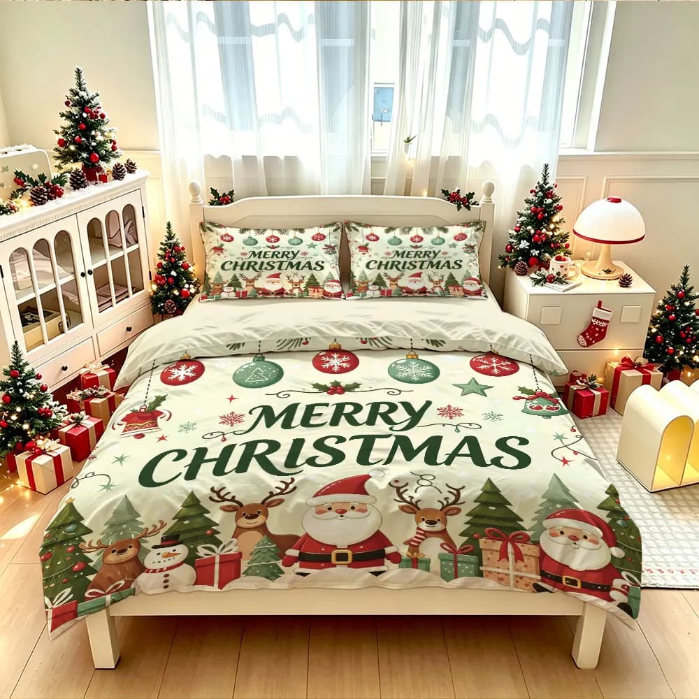 3pcs Merry Christmas Theme Print Down Duvet Cover Set, Multi Size Bedroom Bedding Decoration, Machine Washable