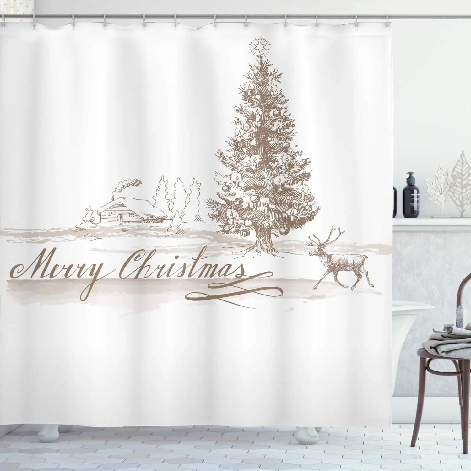 Tenda da doccia natalizia, scenario romantico vintage di Capodanno con albero di renna e immagine di design a stella, arredamento per il bagno in tessuto di stoffa