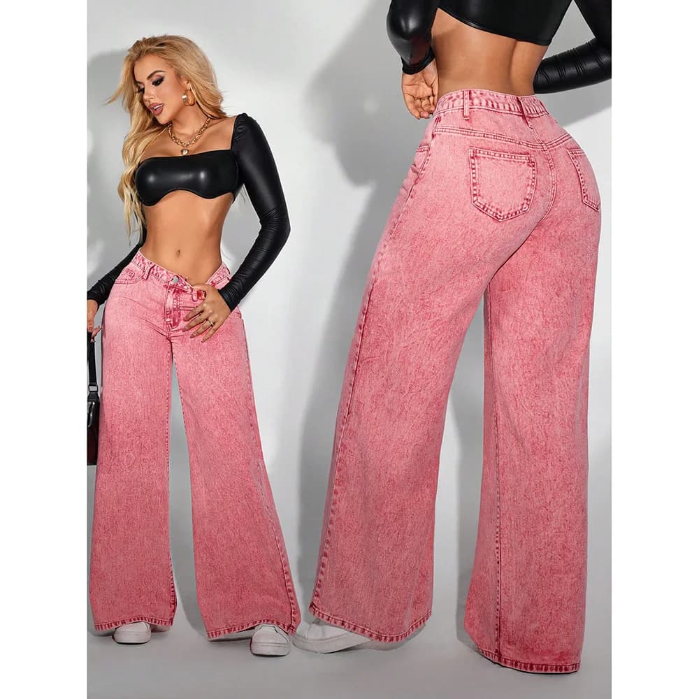 Jeans Donna Denim Pantaloni a gamba larga Pantaloni dritti vintage Tasche lavate invecchiate Vita alta Streetwear 2025 Lunghezza pavimento