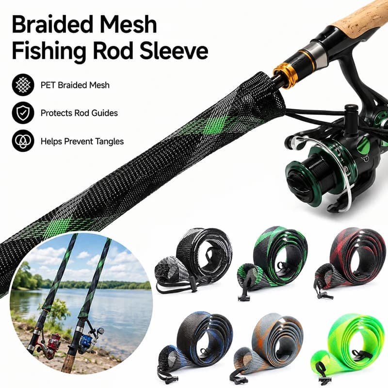Fishing Rod Sleeve PET Braided Mesh Rod Cover with Lanyard for Casting Spinning Rod Storage Outdoor Fishing Gear Protector
