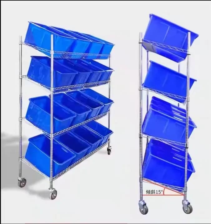 Carrello portaoggetti per scaffale in metallo con linea di inclinazione cromata industriale da cucina mobile a 4 piani con pattumiera