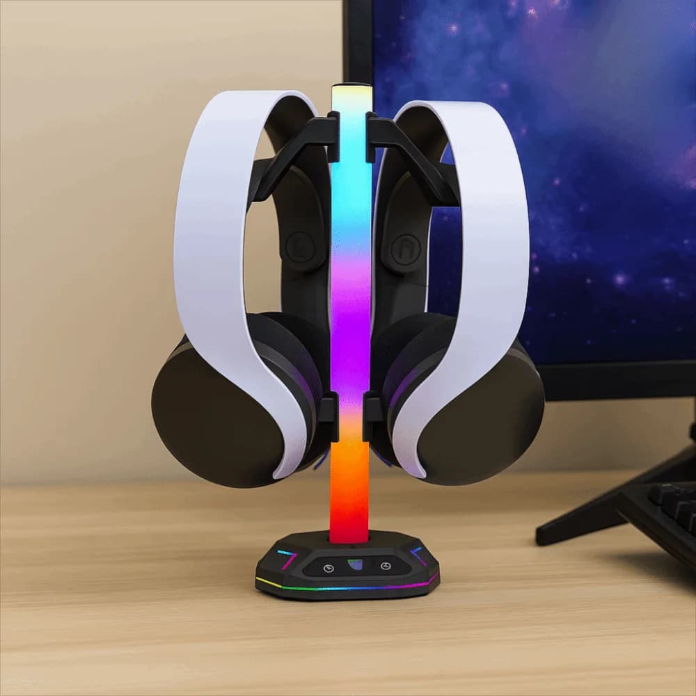 Support for Black RGB Headphones with LED Lighting, Double USB Door, Gaming Headphone Display, Data Transmission, Desk Headphone Support