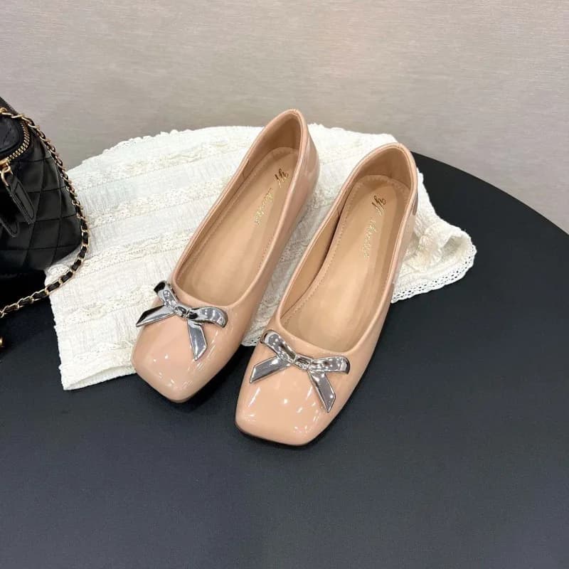 Art Style Bow Flat Shoes Women's Xia New Square Toe Inside Heightened Single Shoes