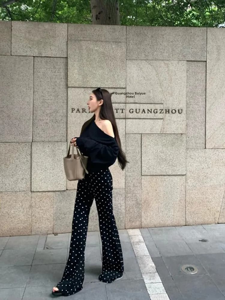 American Hot Girl Set Black Shoulder Long Sleeve T-Shirt Women Summer High Waist Polka Dot Flared Pants Casual Pants Two Piec...