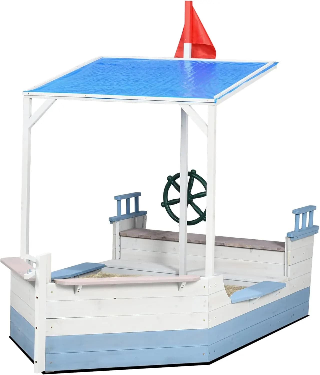 Sabbiera per bambini con baldacchino, scatole di sabbia in legno per navi pirate con panca per cortile, pozzo di sabbia per bambini piccoli, 83" x 43", blu